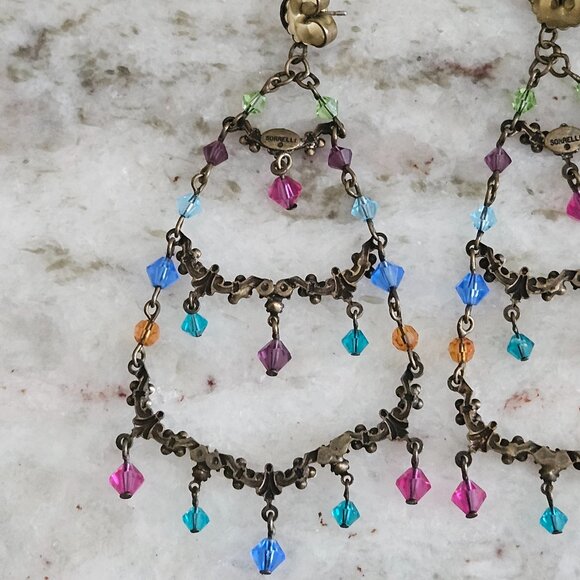 RARE VINTAGE SORRELLI FLOWER FLORAL CRYSTAL DROP DANGLE CHANDELIER EARRINGS - Picture 8 of 13